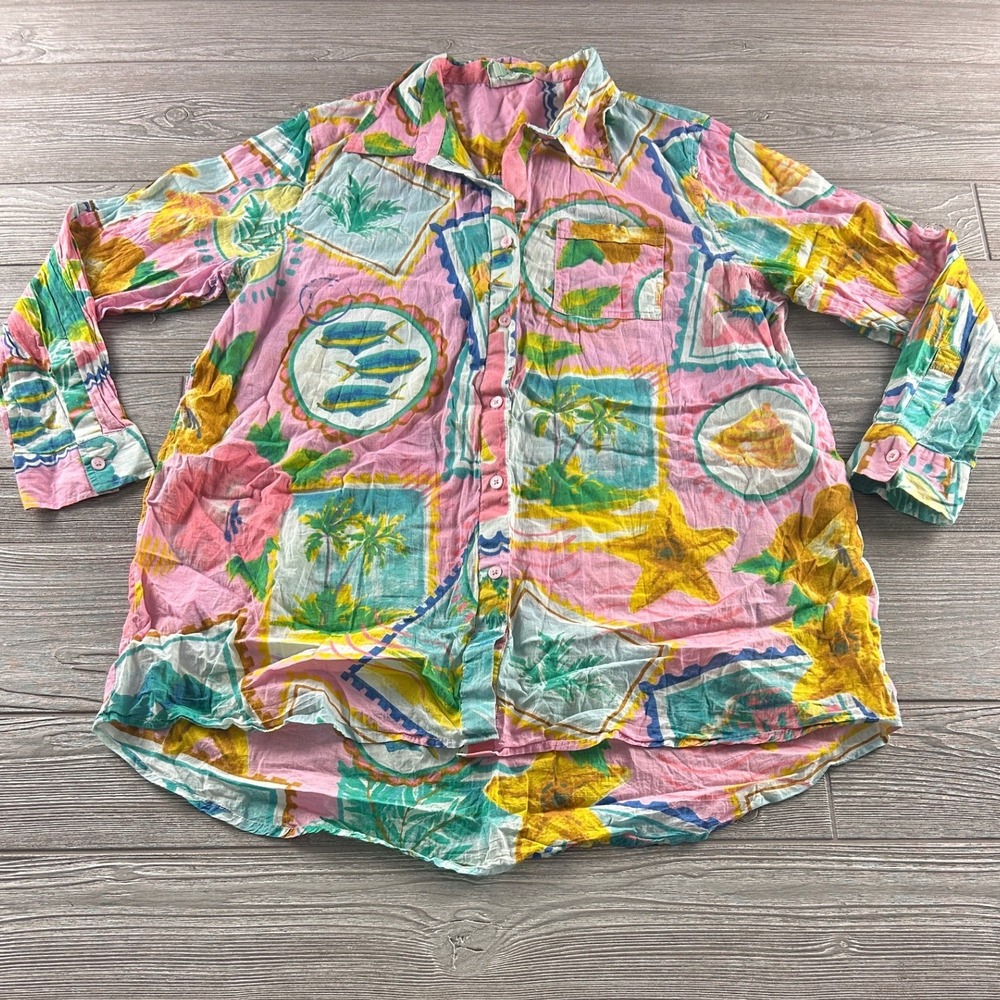 True Destinations Womens XL Tropical Beach Print Cotton Button Up Shirt Pink XL